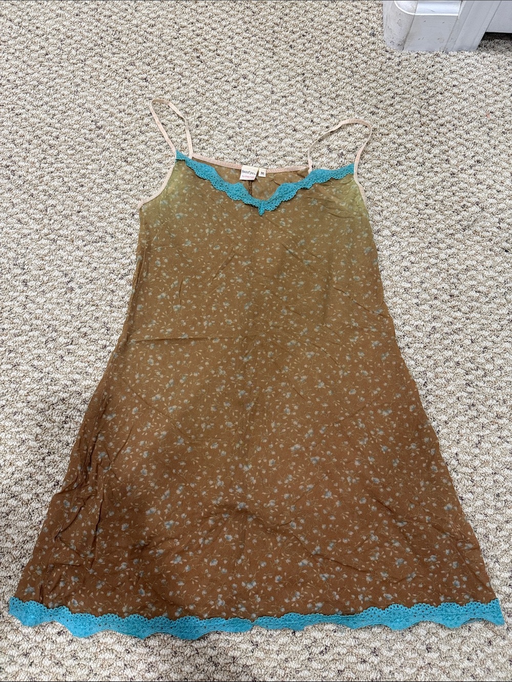 Sweet Pea by Stacy Frati Brown Floral Chemise with Teal Lace Trim